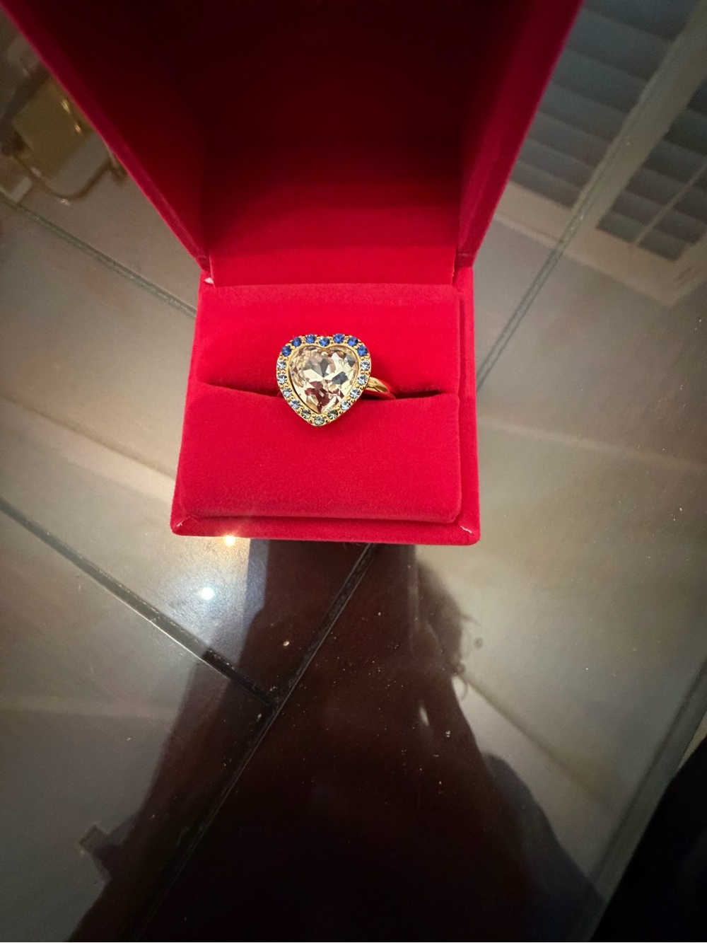 Kurt Geiger Gold Heart Ring with Clear Center and Blue Accents size 7 3/4